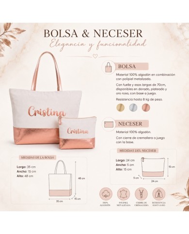 Bolso con Neceser en Algodón y Polipiel Personalizado - Oro Rosado