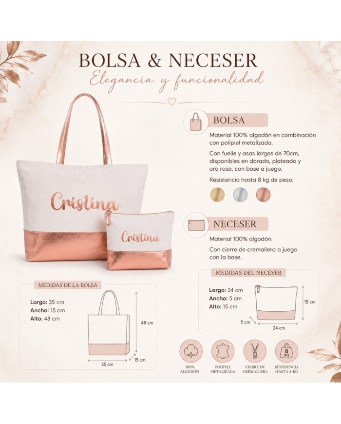 Bolso con Neceser en Algodón y Polipiel Personalizado - Oro Rosado