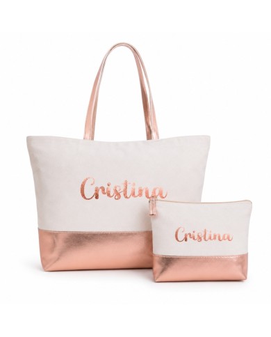 Bolso con Neceser en Algodón y Polipiel Personalizado - Oro Rosado