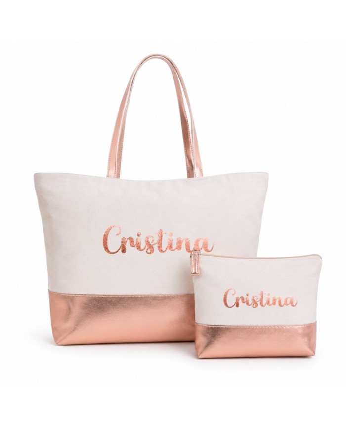 Bolso con Neceser en Algodón y Polipiel Personalizado - Oro Rosado
