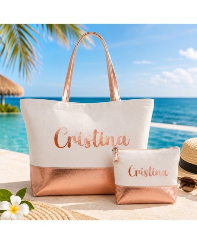Bolso con Neceser en Algodón y Polipiel Personalizado - Oro Rosado