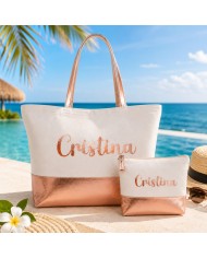 Bolso con Neceser en Algodón y Polipiel Personalizado - Oro Rosado