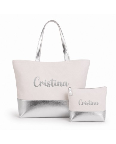 Bolso con Neceser en Algodón y Polipiel Personalizado - Plata