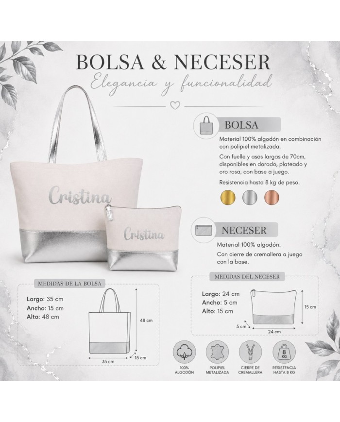Bolso con Neceser en Algodón y Polipiel Personalizado - Plata