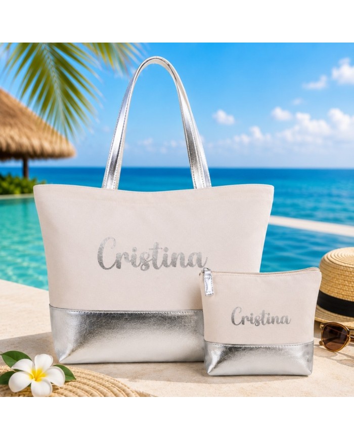 Bolso con Neceser en Algodón y Polipiel Personalizado - Plata