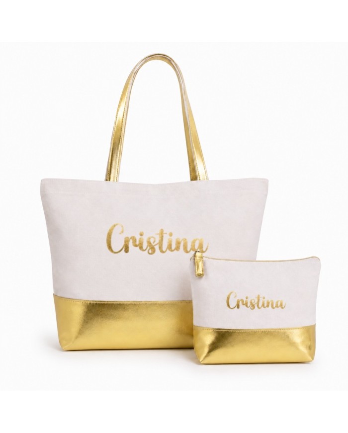 Bolso con Neceser en Algodón y Polipiel Personalizado - Oro
