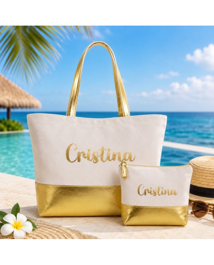 Bolso con Neceser en Algodón y Polipiel Personalizado - Oro