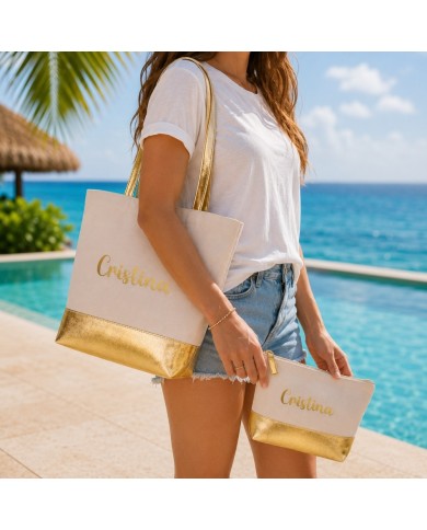 Bolso con Neceser en Algodón y Polipiel Personalizado - Oro
