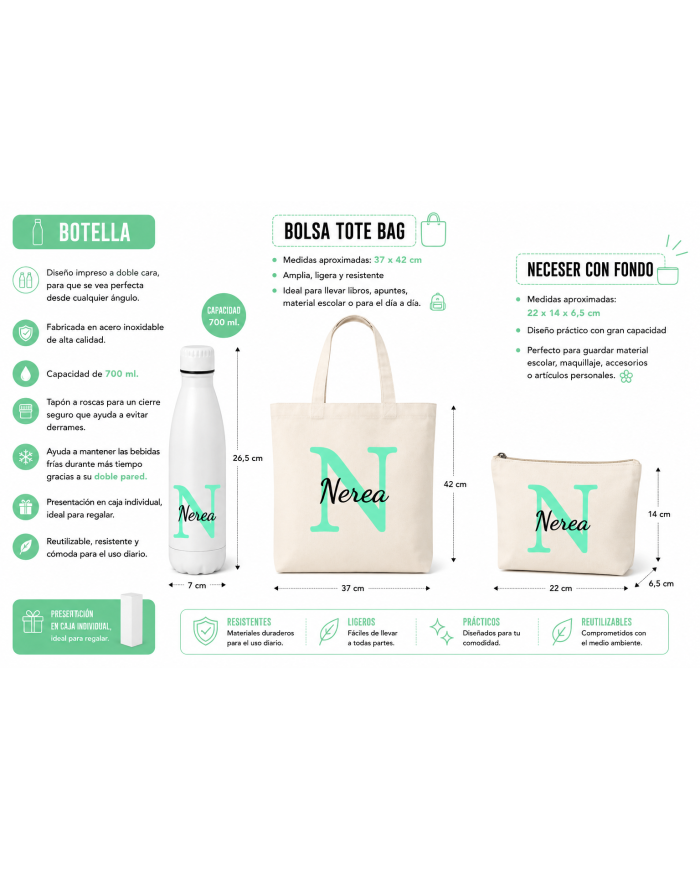Conjunto Nopces - Bolsa Tote con Botella y Neceser Personalizado