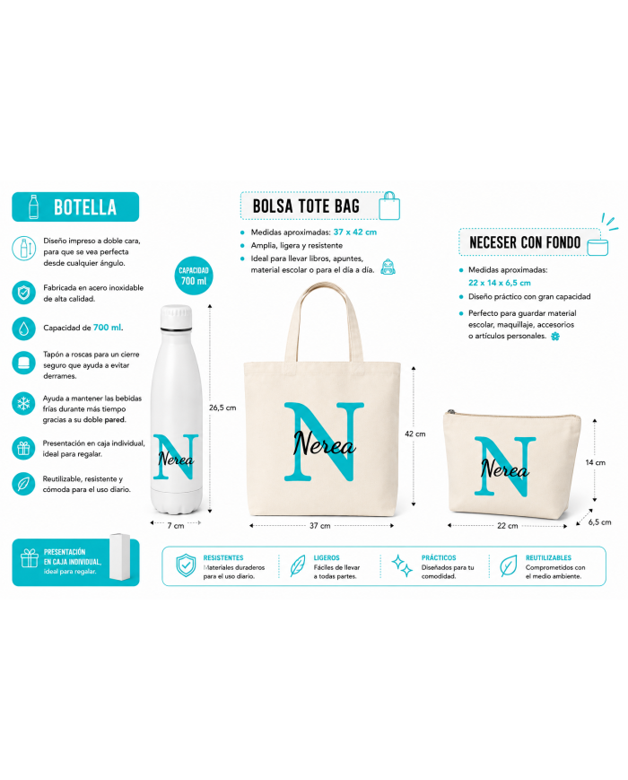 Conjunto Nopces - Bolsa Tote con Botella y Neceser Personalizado