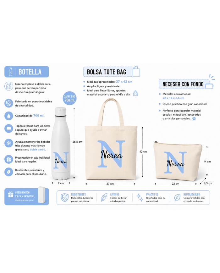 Conjunto Nopces - Bolsa Tote con Botella y Neceser Personalizado