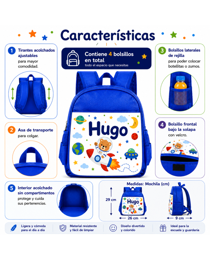mochila infantil personalizada nombre mochila guarderia niño niña escuela infantil preescolar vuelta al cole regalo personalizad